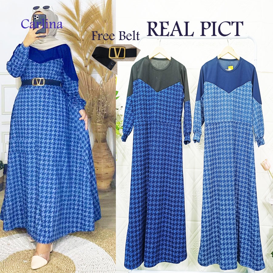 ANITA HOUNDSTOOTH BIRU DRESS DAPAT BELT GESPER CARLINA