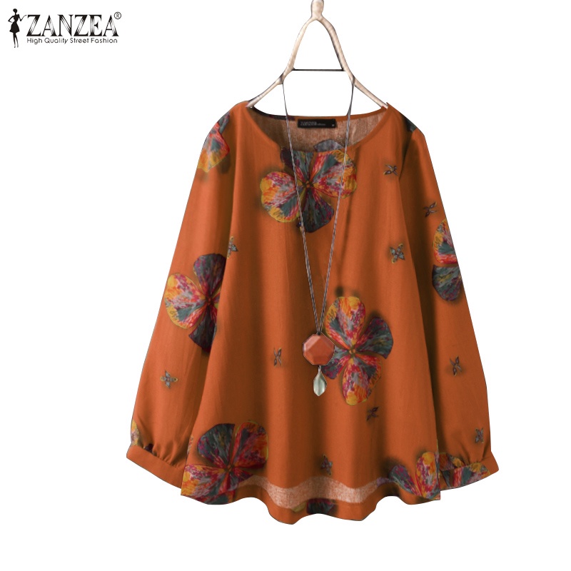 ZANZEA Women Long Sleeve Loose Retro Floral Printed Casual Blouse