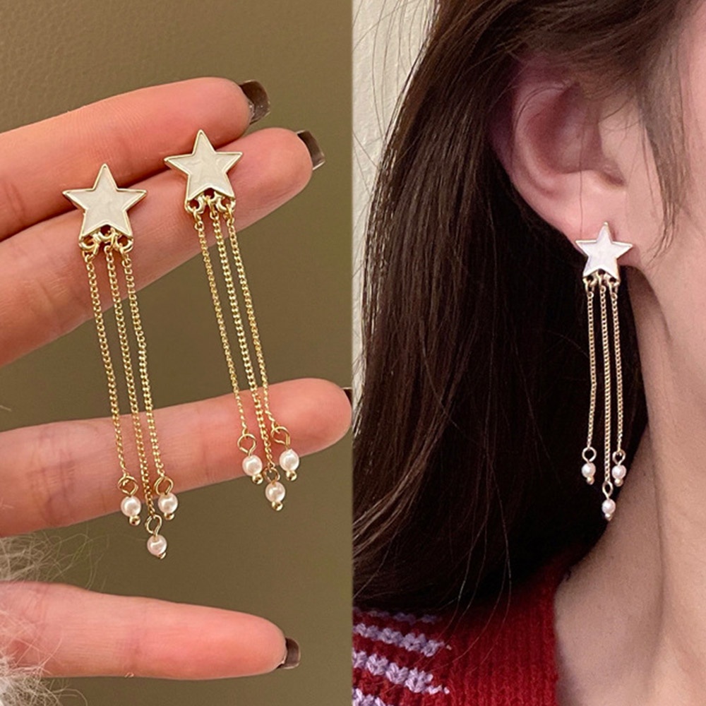 Anting Gantung Panjang Model Rantai Rumbai Aksen Bintang Bahan Metal Untuk Wanita