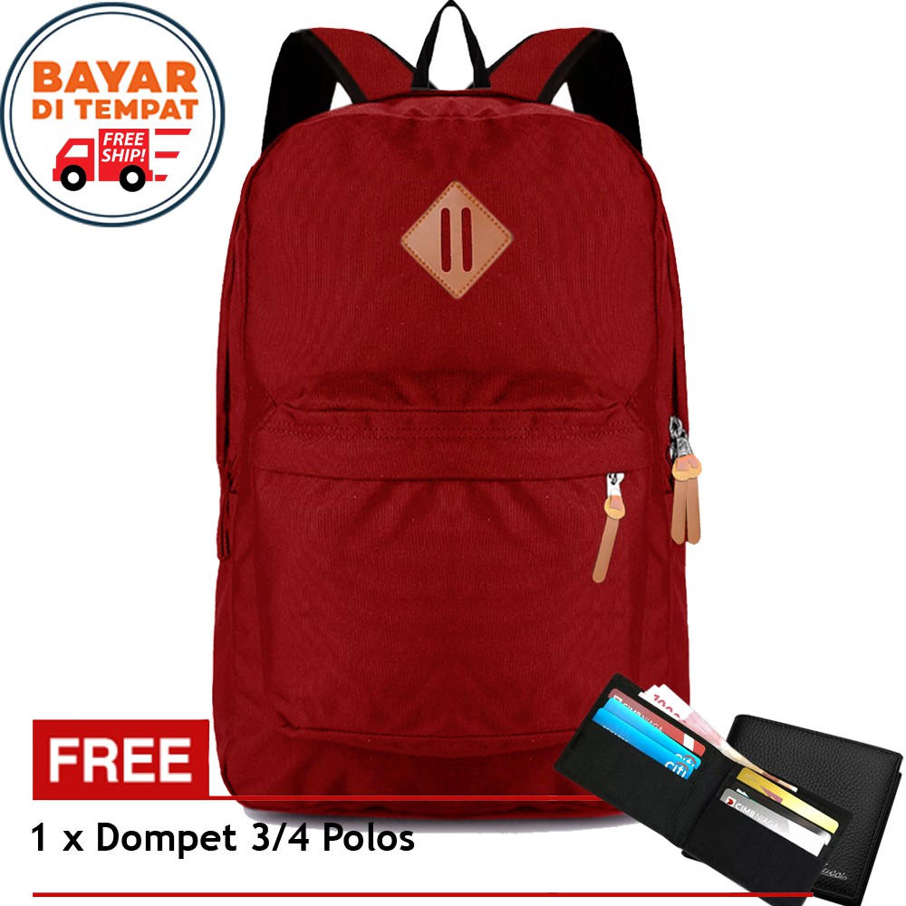 Bundling Tas Ransel Free Dompet - Tas Pria Wanita 802 Backpack Laptop Tas Bahan Nilon Red + Dompet