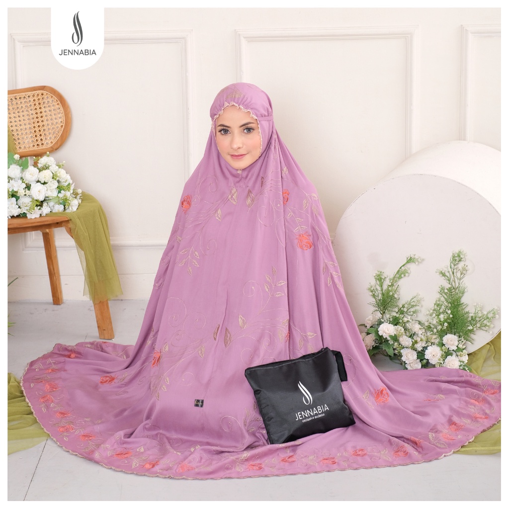 JENNABIA - Mukena Dewasa Jumbo Premium Bordir Mewah Platinum Rose Safeera