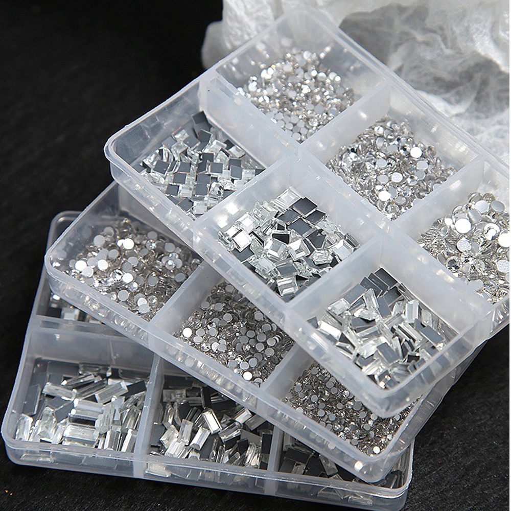 6 Grid Nail Crystal Rhinestone Square Round Nail Persegi Gaya Korea Silver Drill Rhinestone Batu Permata Kuku Nail Art Diy