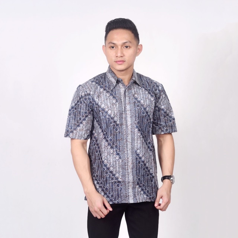 Batik Pria Lengan Pendek BATIK BERKAH HRB026 motif KERATONAN Kode 002 size M L XL-Seno Abu