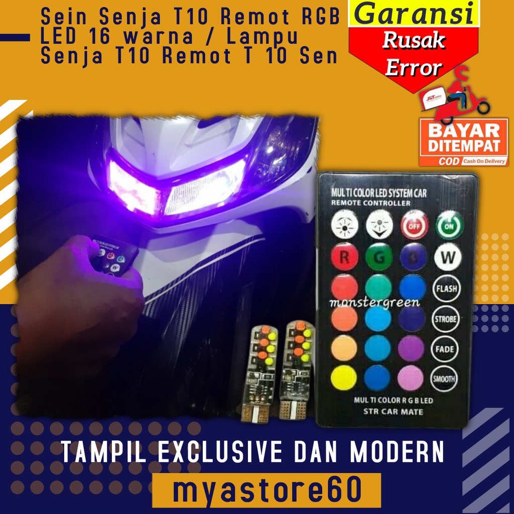 Sein Lampu Sen Senja Socket T10 Remot RGB LED 16 Warna Lampu Monster Green Original Kedip Flash Fade