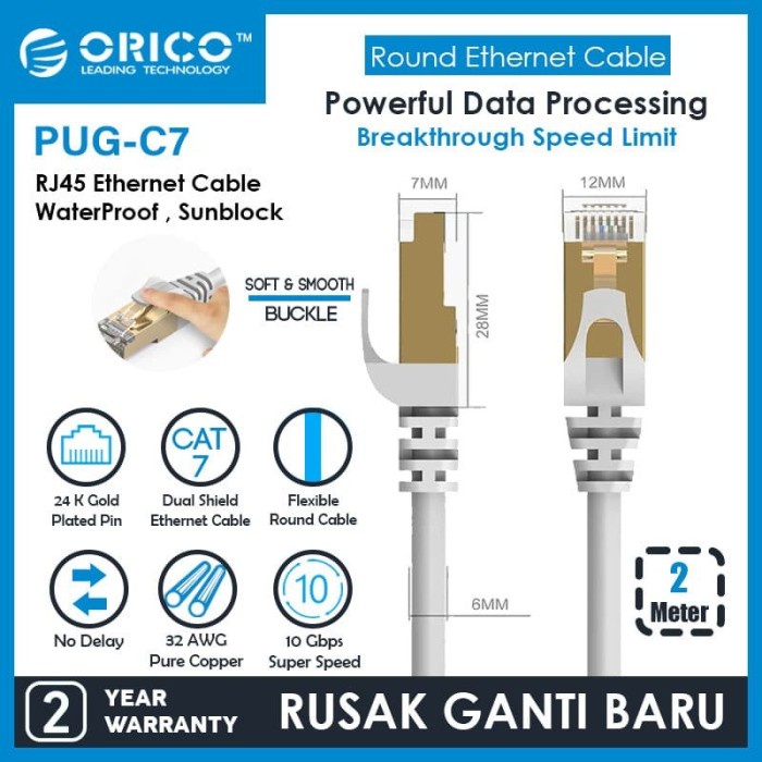 LAN ORICO LAN Round Cable CAT7 10Gbps Ethernet Network - 2M - PUG-C7-20