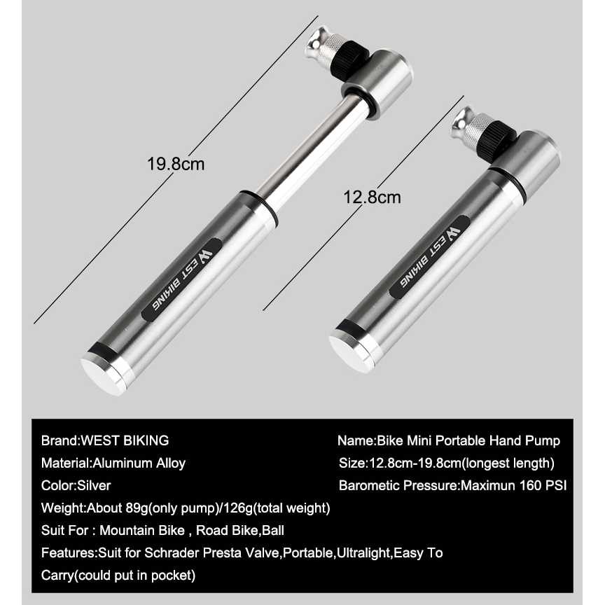 West Biking Pompa Angin Ban Sepeda Portable 160PSI-Silver