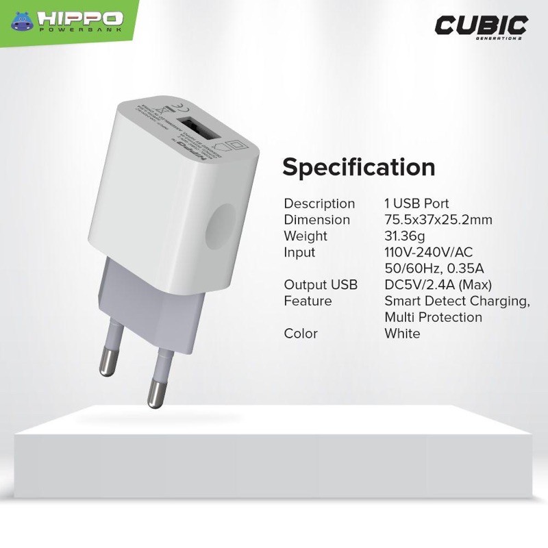 ECER Hippo Cubic Gen2 Adaptor ONLY Adaptor Charger satu USB OUTPUT 2.4A eceran batok charger cubic