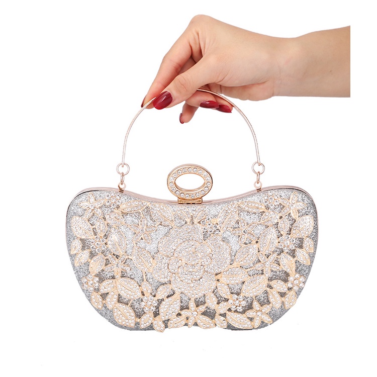 LAJOREE Crystal Flower Clutch Tas Kondangan Wanita Cantik Mewah Kristal Crystal Clutch Pesta Tali Rantai