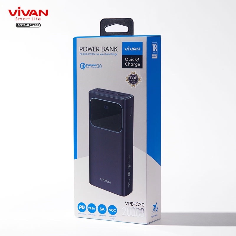 VIVAN Powerbank VPB-C20 / VPB-C30 20.000 mAh / 30.000 mAh 3 Output Fast Charging 22.5W PD QC 3.0 VOOC Support Smartphone All Type - Garansi Resmi