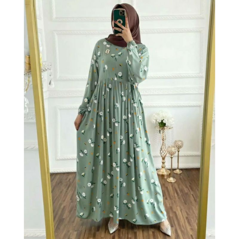 GAMIS RAYON ANGGREK MINT | DRESS BUSUI MOTIF BUNGA HIJAU | MAXI FLOWER PUTIH