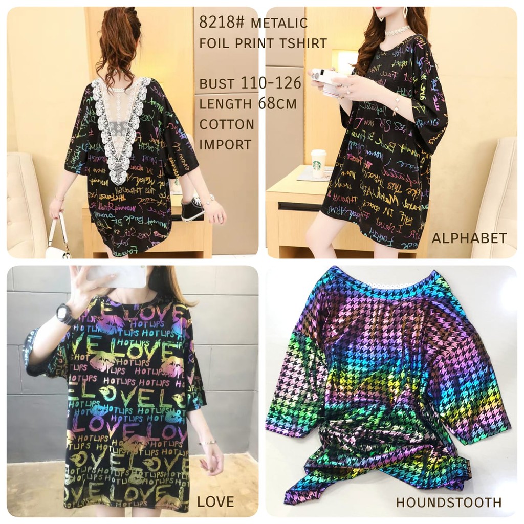 Lisa Metalic Foil Print Tee Kaos Wanita Import TM 8218 Cardigan rajut bahan import / Dress rajut imp