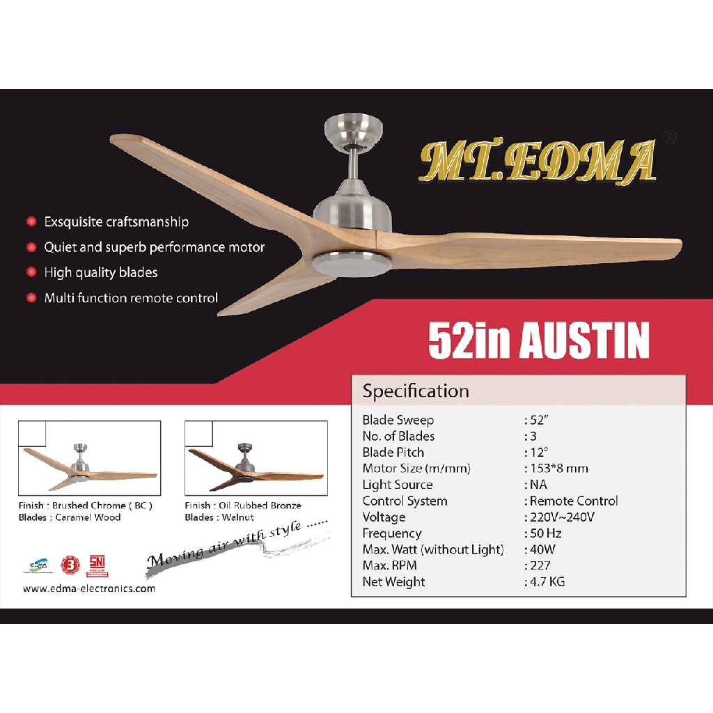 Mt.Edma 52in Austin Kipas Angin Plafon Ceiling Fan Dekoratif Dengan Remote Control