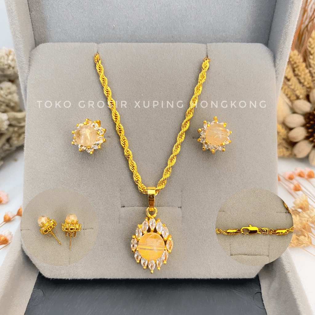 Set Perhiasan tembaga lapis emas Hongkong Lapis Emas Hongkong Permata Batu Rambut Sedana Asli Awet S