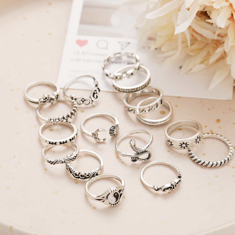 15 pcs Cincin Tren Kepribadian Hollow Joint Ring Sun Snake Chain Ring Set