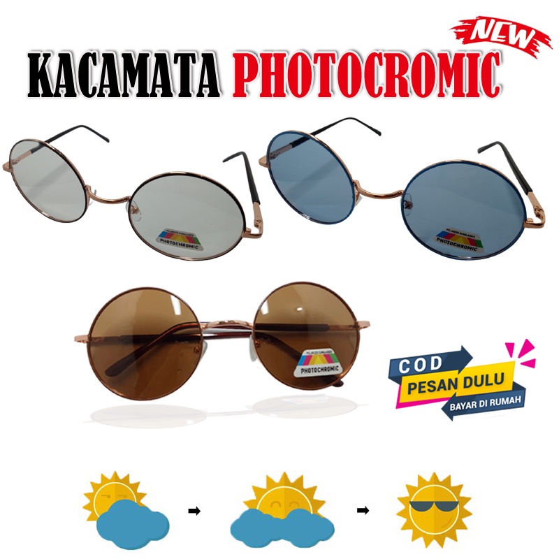 Kacamata Photocromic Wanita Pria Gratis Lensa Potokromik Berubah Warna Fotocromic Frame Bulat Round