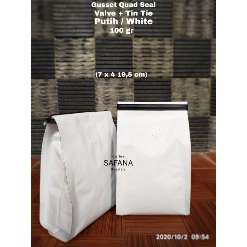 

Kemasan Kopi Gusset Quad Seal Alumunium Foil Valve + Tin Tie Putih/White 100gr (Premium)