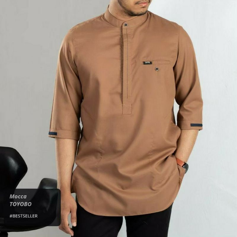 Baju Koko Kurta Pakistan Kemko Pakaian Muslim Pria Bahan Toyobo Lengan 3/4 Warna Abu Olive Sage Hita