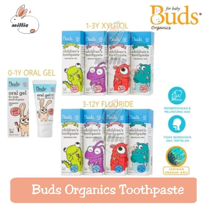 Buds Organic Toothpaste Oral Gel 0-1Y / Xylitol 1-3Y / Fluoride 3-12Y ORI