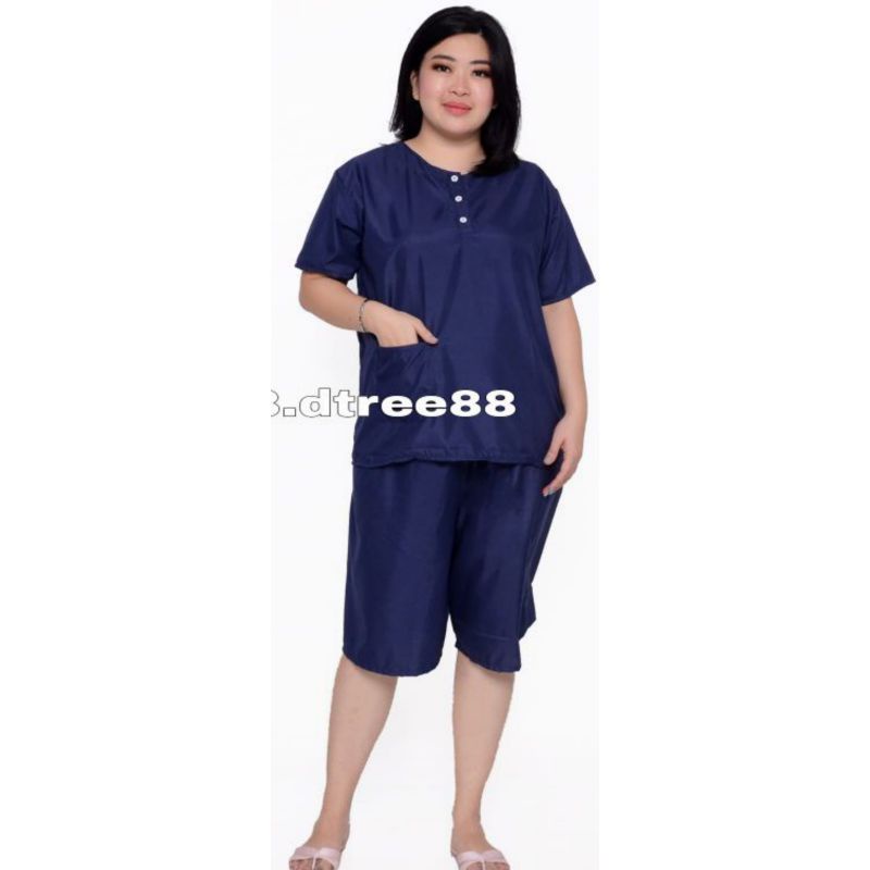 Dtree . Piyama stelan pendek jumbo katun eropa polos baju tidur kancing depan Ld 120 cm-Navy