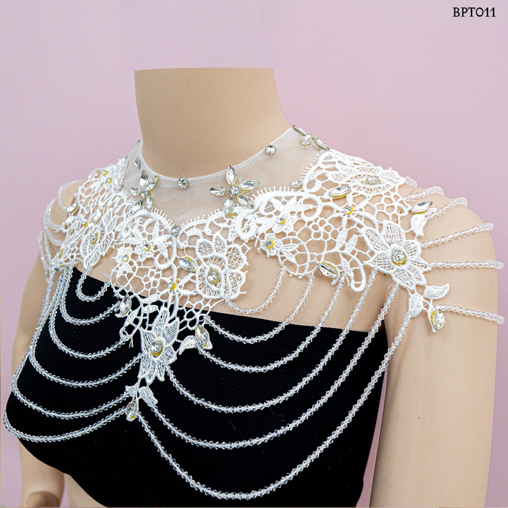 (FAVORITE) AKSESORIS BOLERO PENGANTIN WANITA MUTIARA CRYSTAL LACE PUTIH BPT011