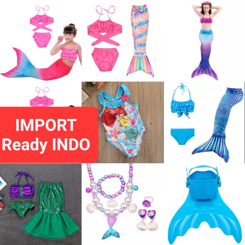 Kostum mermaid impor FREE ACCESORIES bikini monofin kaki duyung baju renang ariel disney princess an