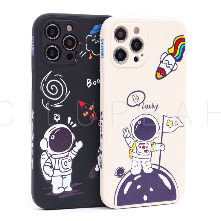 Soft Case iPhone Astronot Lucky &amp; Boow Full Lens Cover Square Edge 6 7 8 SE 6+ 7+ 8+ X XR XS 11 12 Pro Max