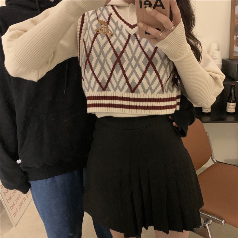 XIAOZHAINV Rompi Rajut Pendek Korea V-Neck Crop Top 0059