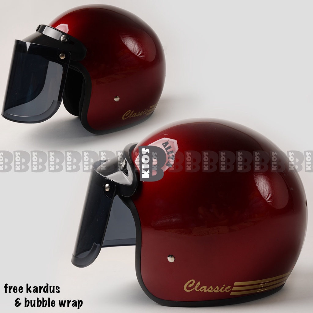 Helm bogo classic garis tiga kaca datar flat sni pria wanita dewasa murah polos kaca helm classik FREE KARDUS &amp; BUBBLE WRAP