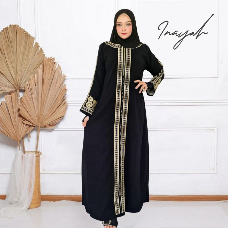 Abaya Gamis Arab Viral Hitam Jubah Bordir Inayah Dress Casual Baju Fashion Wanita Bahan Jetblack Cou