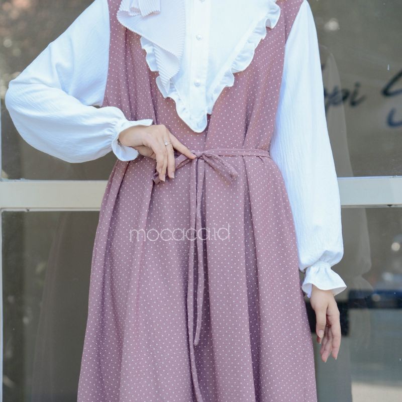 dress premiun bahan crincle polka kecil elegan putih hitam hijau olive dusty pink gamis tali ootd hijab terbaru bisa cod renda dindada busui dan wudhy friendly