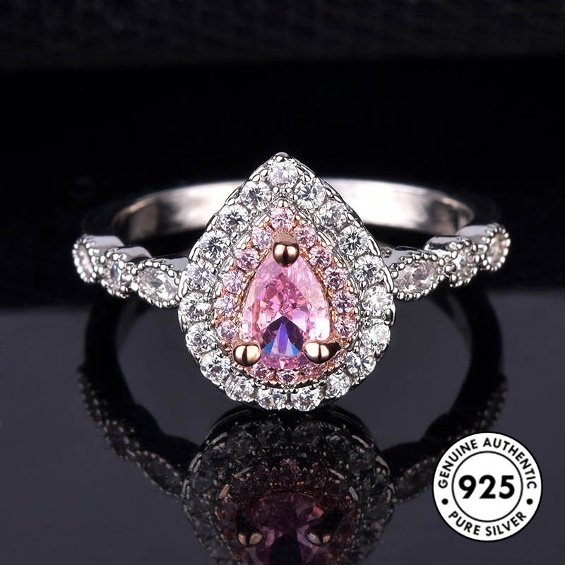 Cincin Sterling Silver 925 Dengan Kristal Model Tetesan Air Warna Pink Untuk Wanita