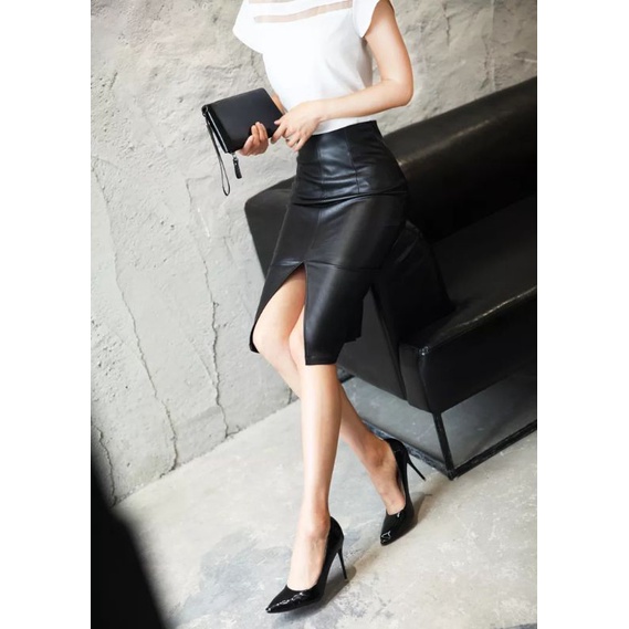 Rok Pensil Midi Seksi PU Leather Hitam Wanita Retro Musim Gugur