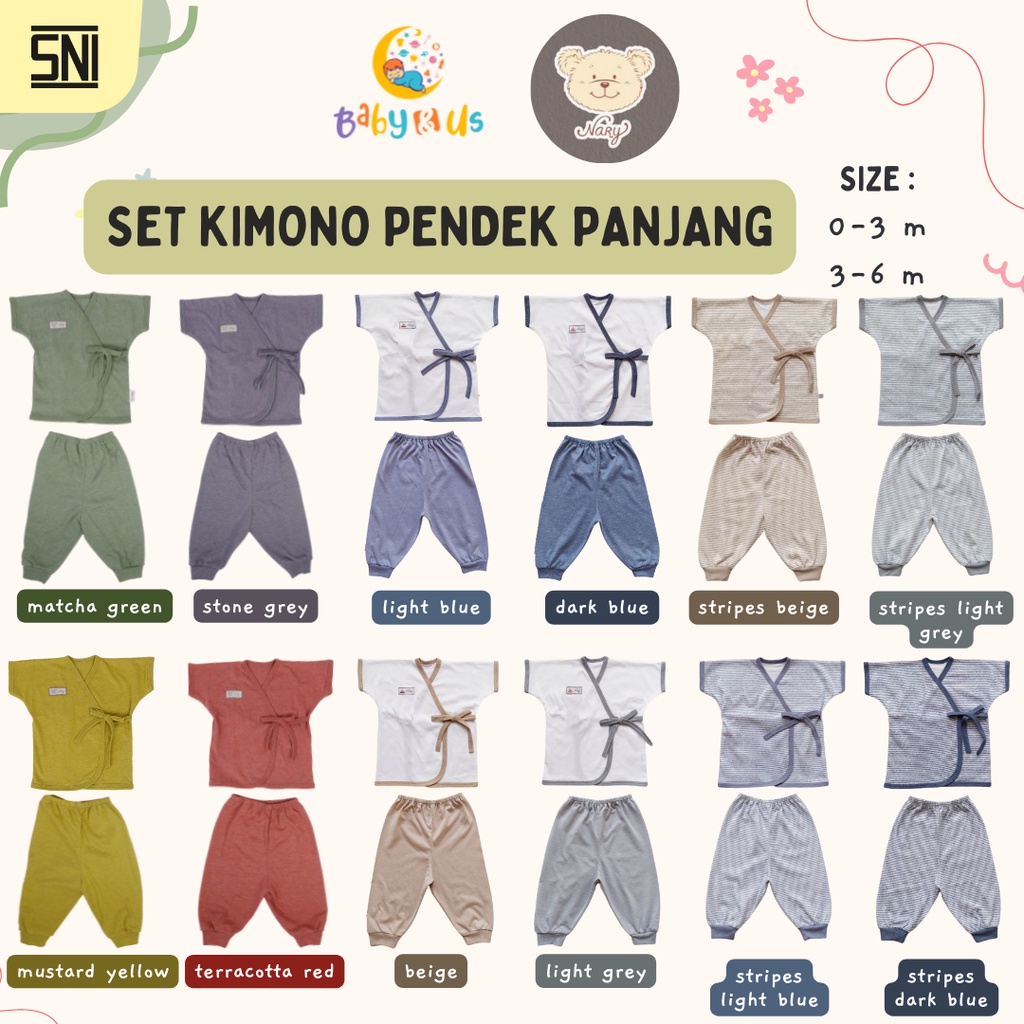 Kimono Pendek Panjang Set Nary Baby - Set Kimono Bayi Lengan Pendek Celana Panjang Bahan Kaos 0-3 3-