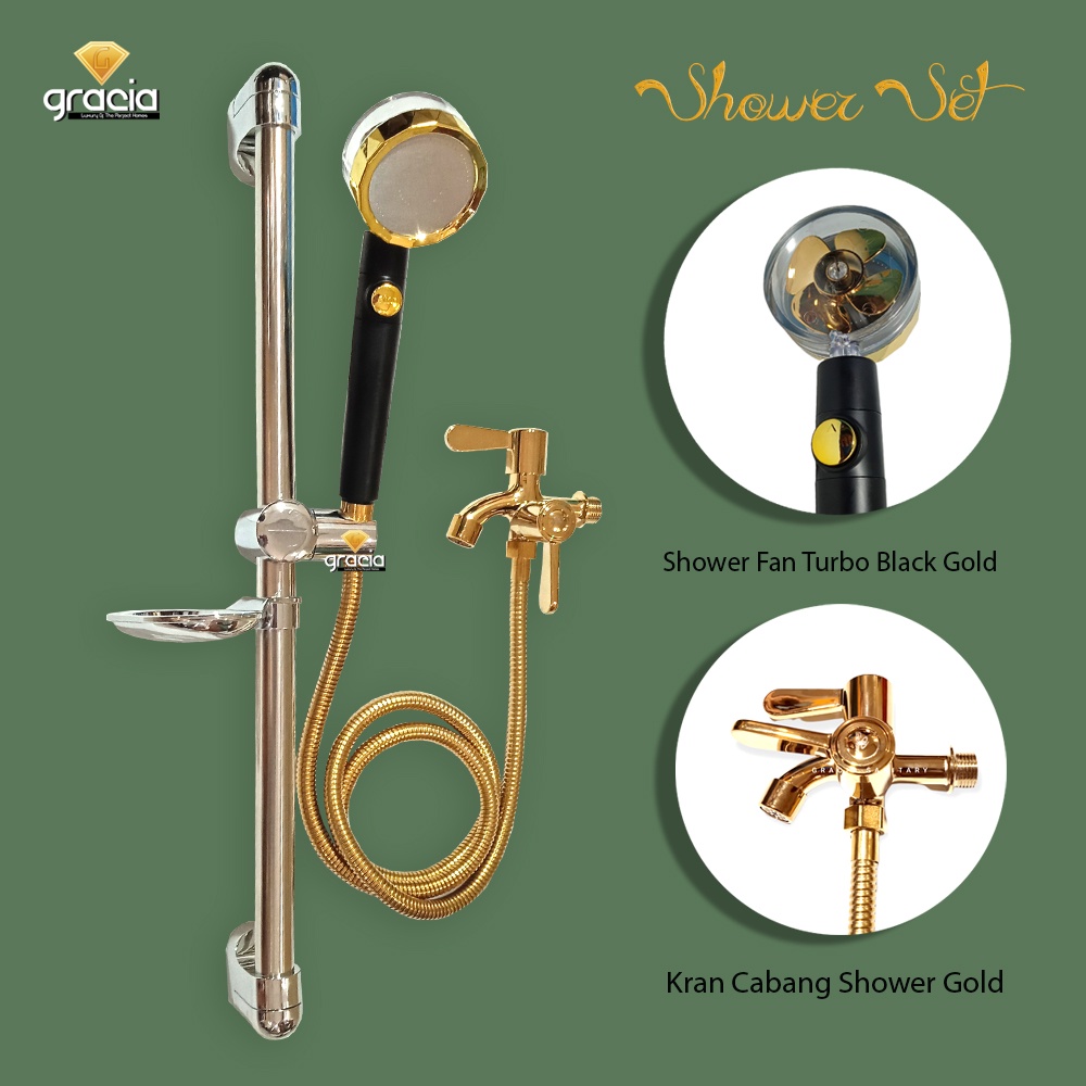Shower Tiang Stainless + Kran Cabang Gold /  Shower Jet Turbo Fan Filter Air  / Shower Black Gold