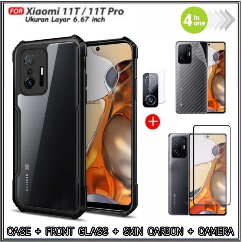 Paket 4in1 Case Xiaomi 11T / 11T Pro Hardcase Fusion ShockProof Free Tempered Glass Layar &amp; Lens Camera &amp; Skin Carbon