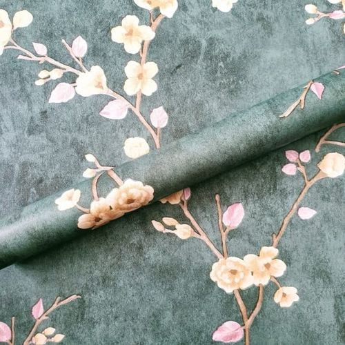 Wallpaper Dinding Murah / Wallpaper Sticker Bunga Sakura Dasar Hijau / 45cm x 9-10m