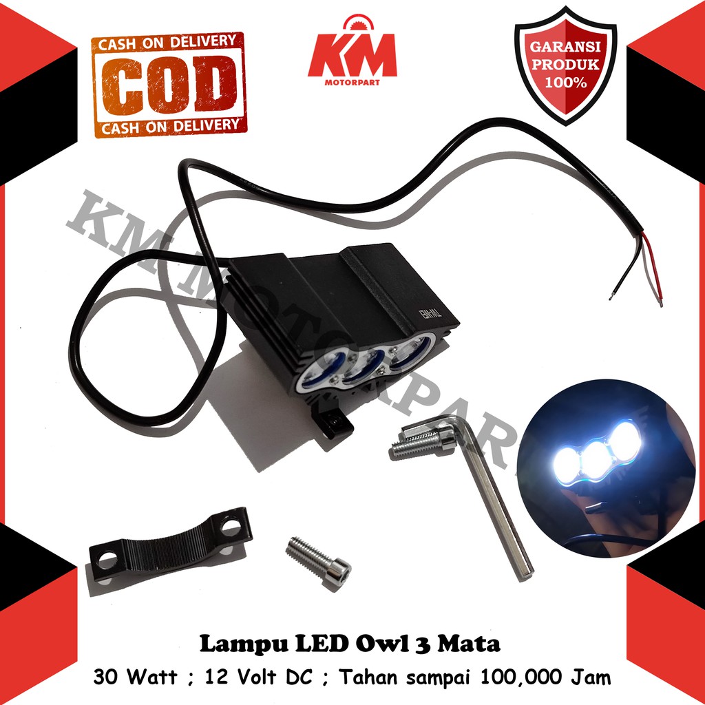 Lampu Tebak Sorot LED OWL 3 Mata 30 Watt 12 Volt Cree Nyala Putih Terang