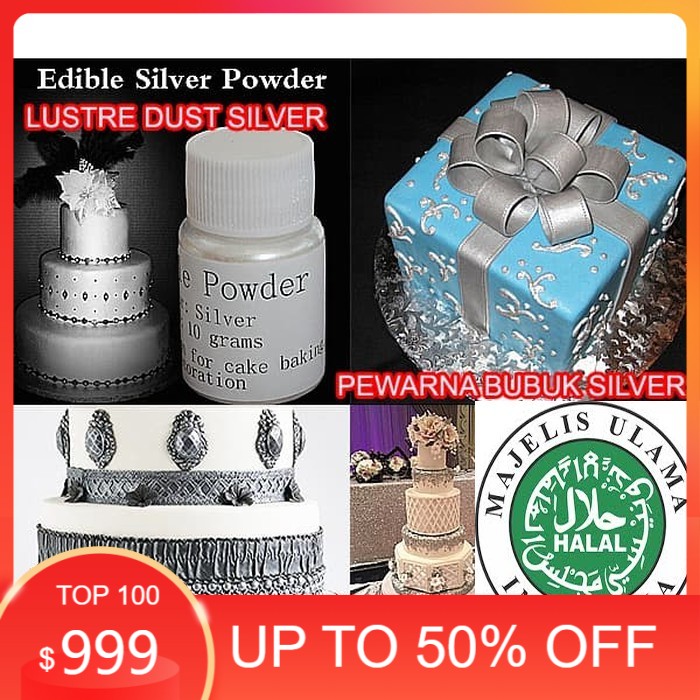 

HALAL EDIBLE SILVER PERAK LUSTER LUSTRE DUST . ISI 10G FONDANT COKLAT BUTTERCREAM CAKE KUE WEDDING