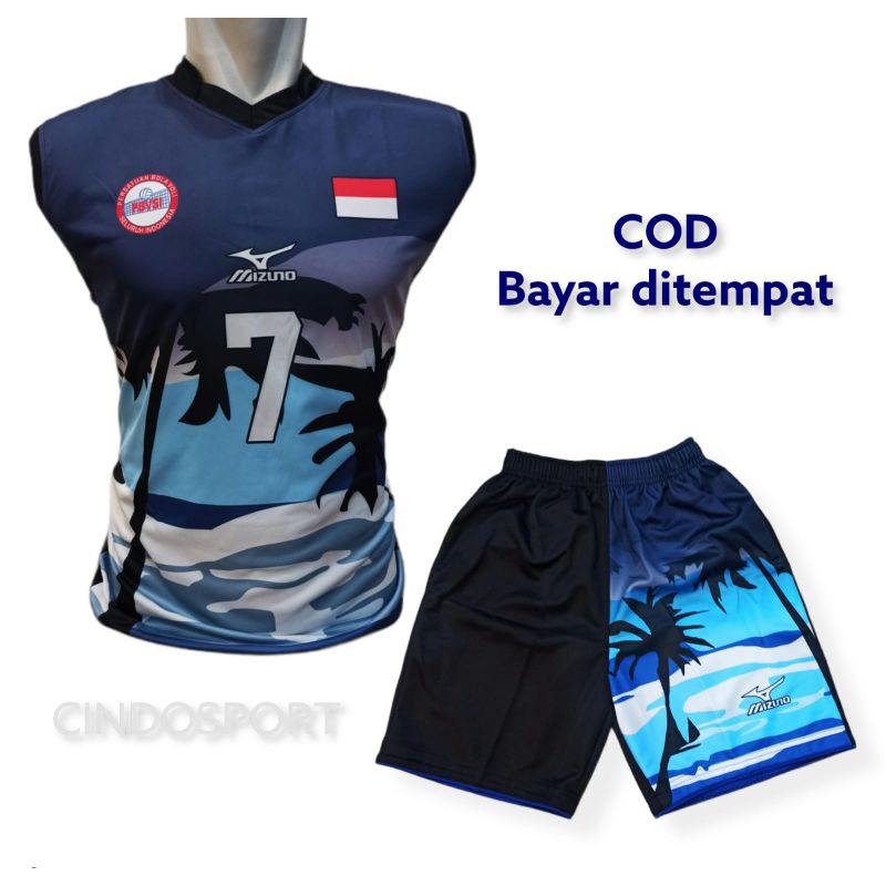 (BISA COD)PANTAI BIRU Stelan baju volly kaos  olahraga jersey bola voli printing