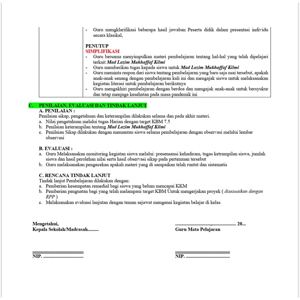 RPP 1 Lembar (RPP Daring,Luring Dan Tikom Sabar) Bahasa Arab MTs Kelas 9 Semester1-2, Sesuai Kma 183 Tahun 2019