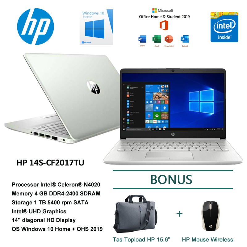 Laptop HP 14s-cf2017TU 14"HD Intel N4020 - 4GB RAM - 1TB HDD - Win10 - OHS 2019 - Silver