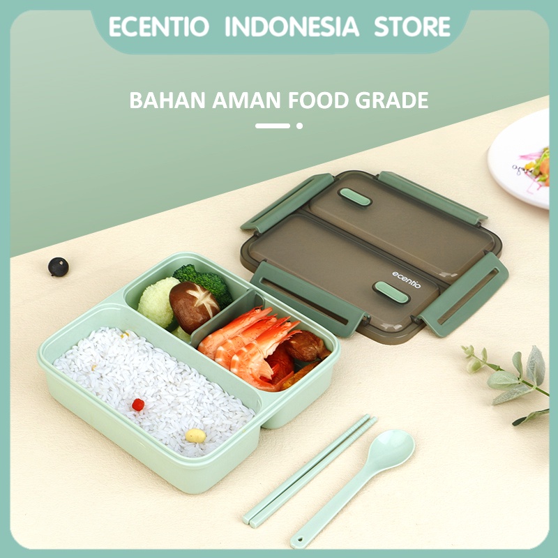 ecentio kotak makan 1100ml anti bocor 3 grid sekat lunch box anti tumpah tempat makan Wadah bekal free sendok&amp;sumpit