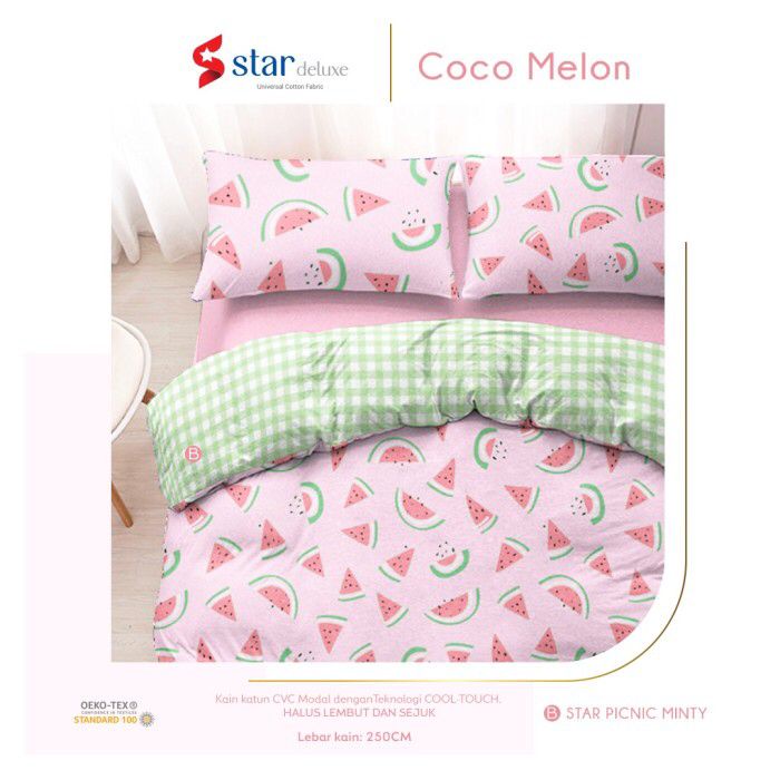 Bahan kain sprei meteran katun lokal CVC Star motif buah semangka Coco Melon