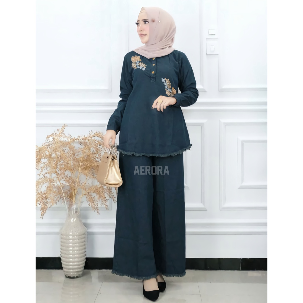 Baju Setelan Fashion One Set Jeans Jins Denim Muslim Wanita Kekinian Terbaru Bordir Halus Ld 108 P 80 Malika Set Allsize