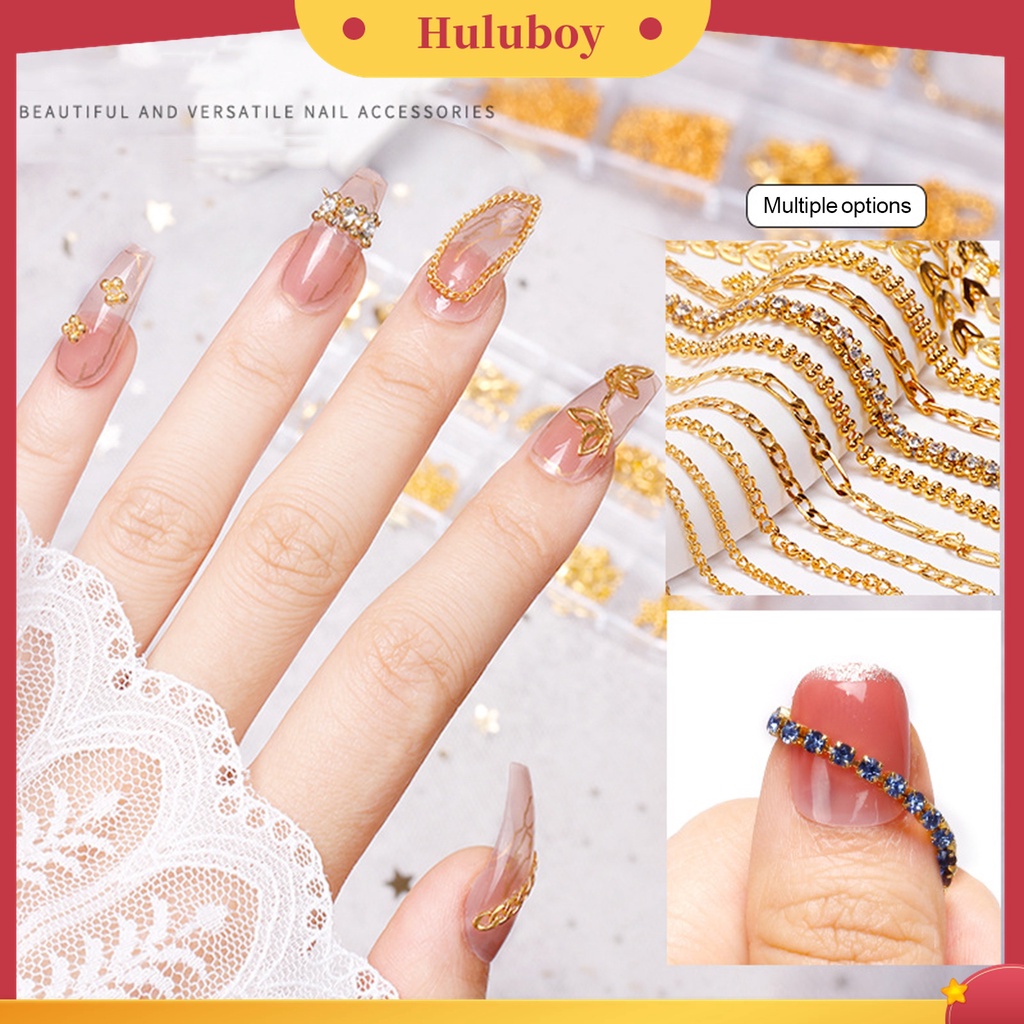 Huluboy Huluboy♡ 12 Grid / Kotak Rantai Kuku 3D Efek Glitter Bahan Alloy Metal Untuk Dekorasi Manicure Wanita