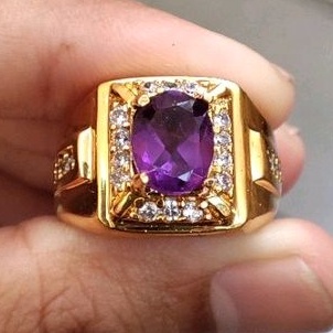 cincin pria batu kecubung ungu tua asli kalimantan natural amethyst kecubung wulung bentuk cutting b