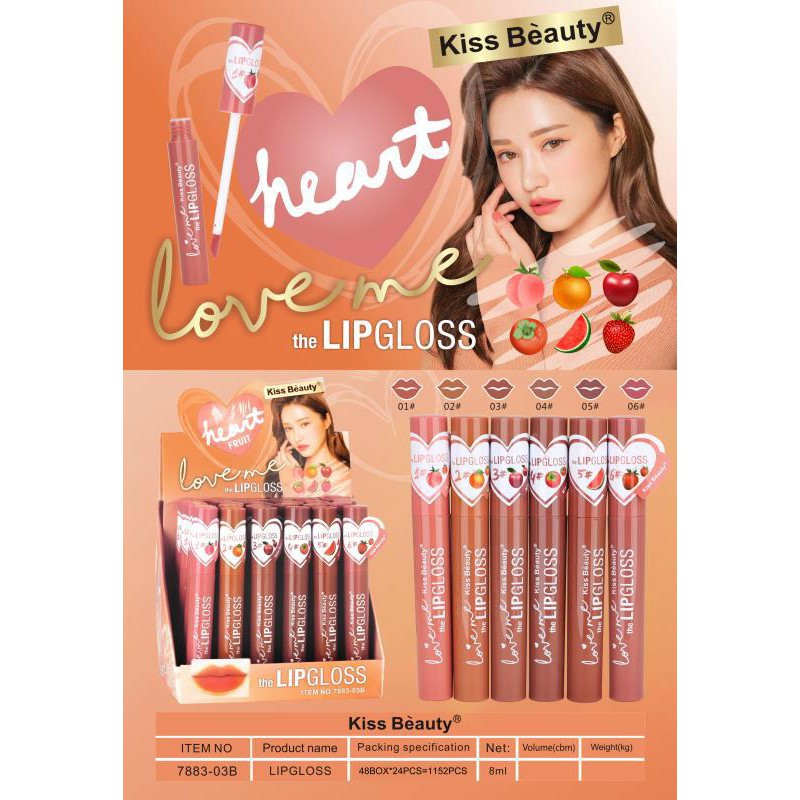 (pembelian 3 pcs ) KISS BEAUTY  LOVE ME FRUIT Lipgloss nudes Soft Texture,Bright,colors gives 7312