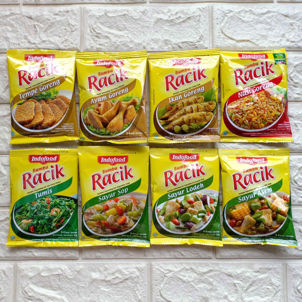 

Indofood Bumbu Racik Tempe Ayam Ikan Nasi Goreng Ekstra Pedas Sosis Tumis Sayur Sop Lodeh Asem