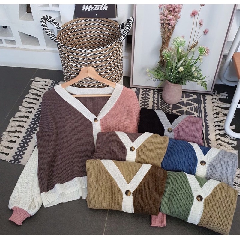 Central Cardigan Two Tone Eireen Cardy | Kardigan Rajut Twist Tebal Korean Style