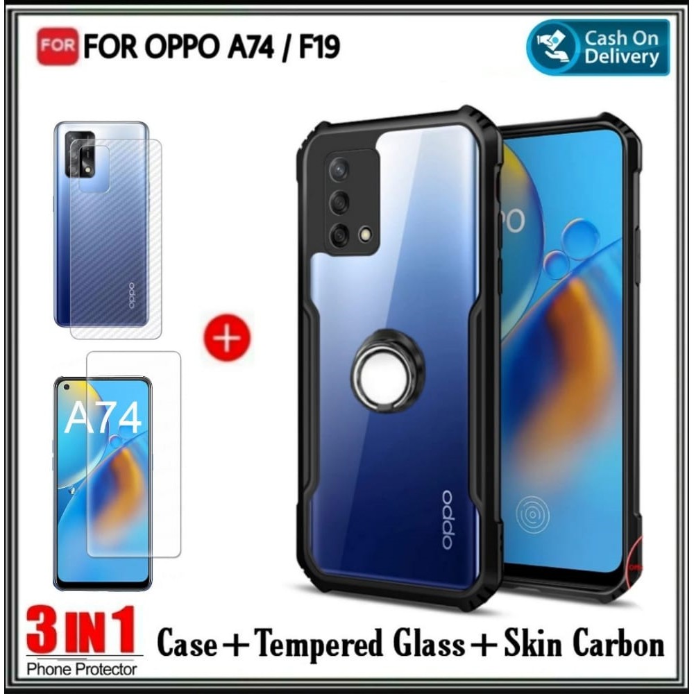 PAKET 3IN1 Case Oppo A74 / F19 Hard Soft Fusion Armor Shockprooft TPU HD Trasnparan Acrylic Casing HP Cover Free Tempered Glass Dan Garskin Carbon